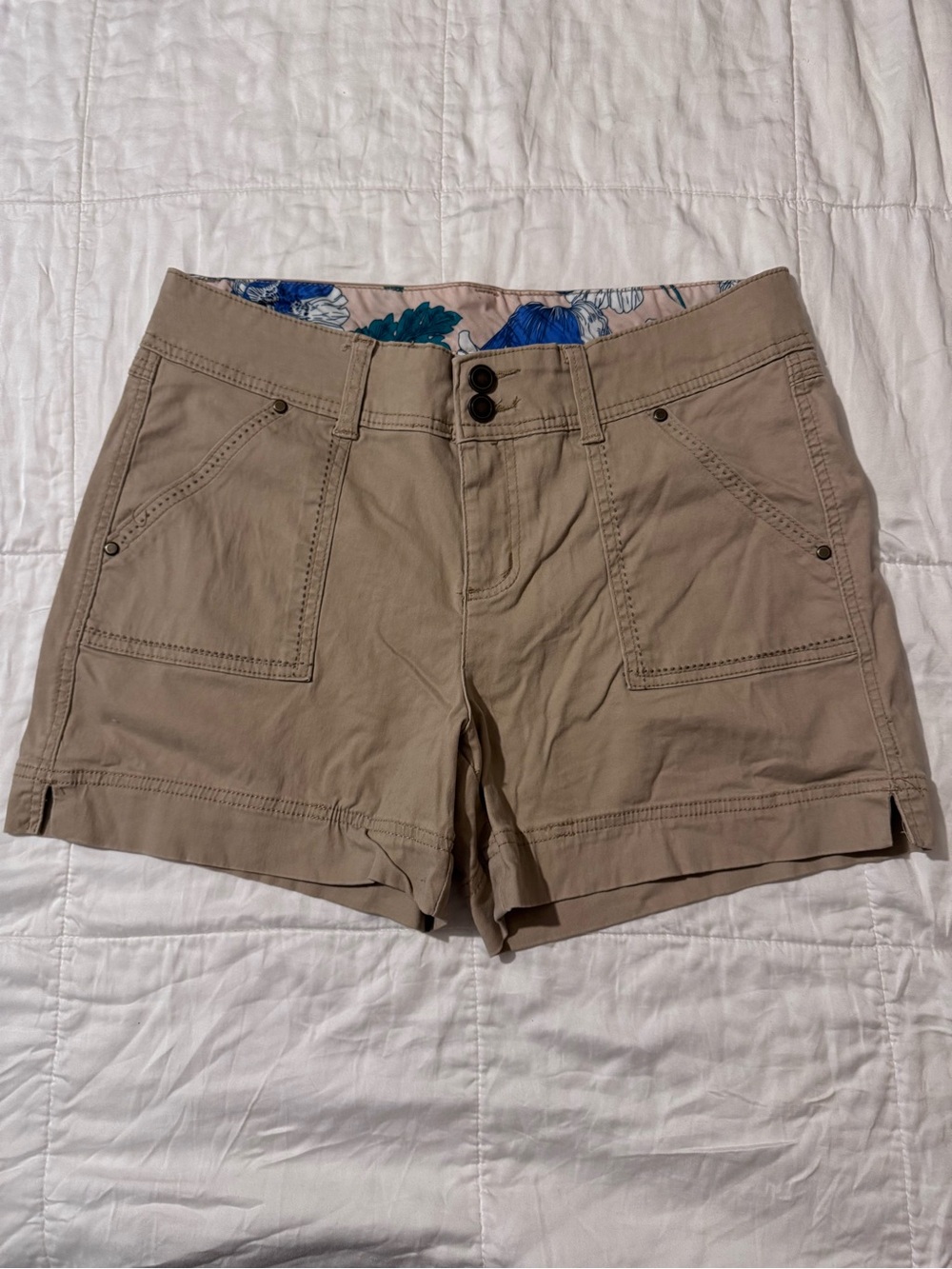 Women's Tan Utility Cargo Shorts with Floral Waist Lining